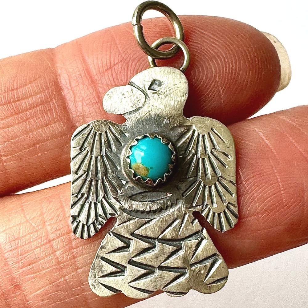 Navajo Thunderbird Pendant Turquoise 1.25in Signed Yazzie Stamped Matte Sterling